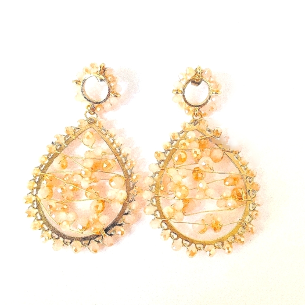 SALE! Peach Faceted Glass Beads Wired on Goldtone Teardrop Shaped Drop Earrings
